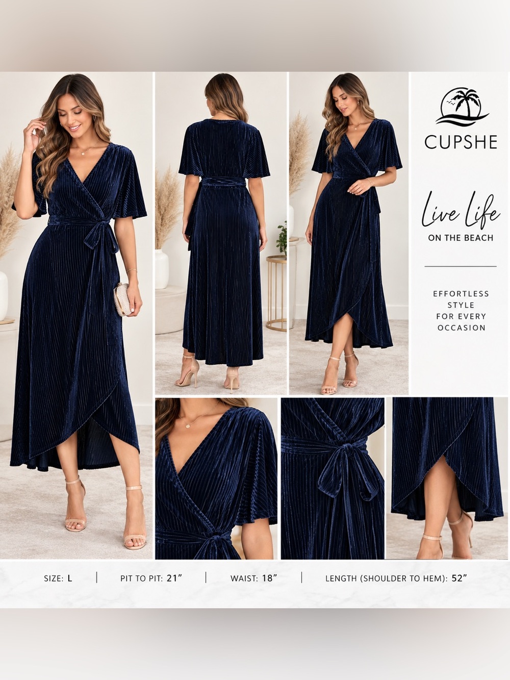 Cupshe Navy Blue Velvet Surplice Wrap Maxi Dress Size L NWT